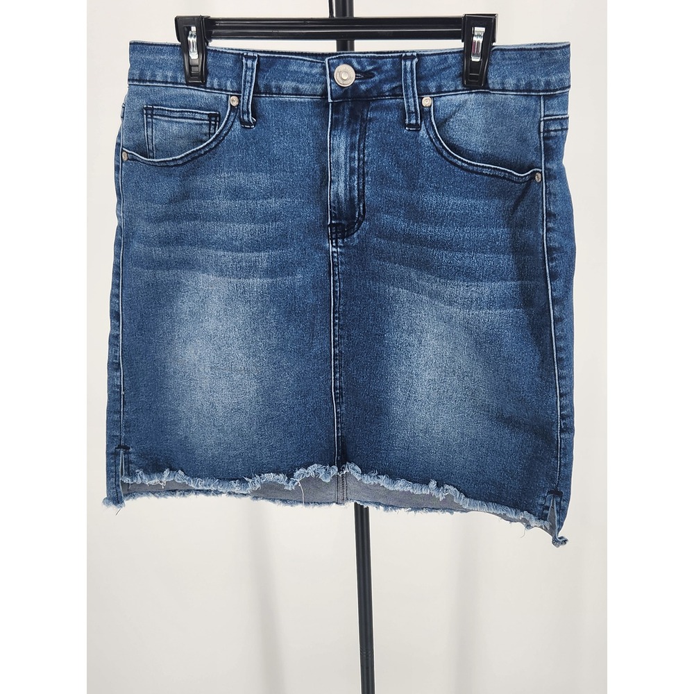 Blue Desire Womens Denim Mini Skirt Medium Wash Raw Hem Size 12 BDM15006I